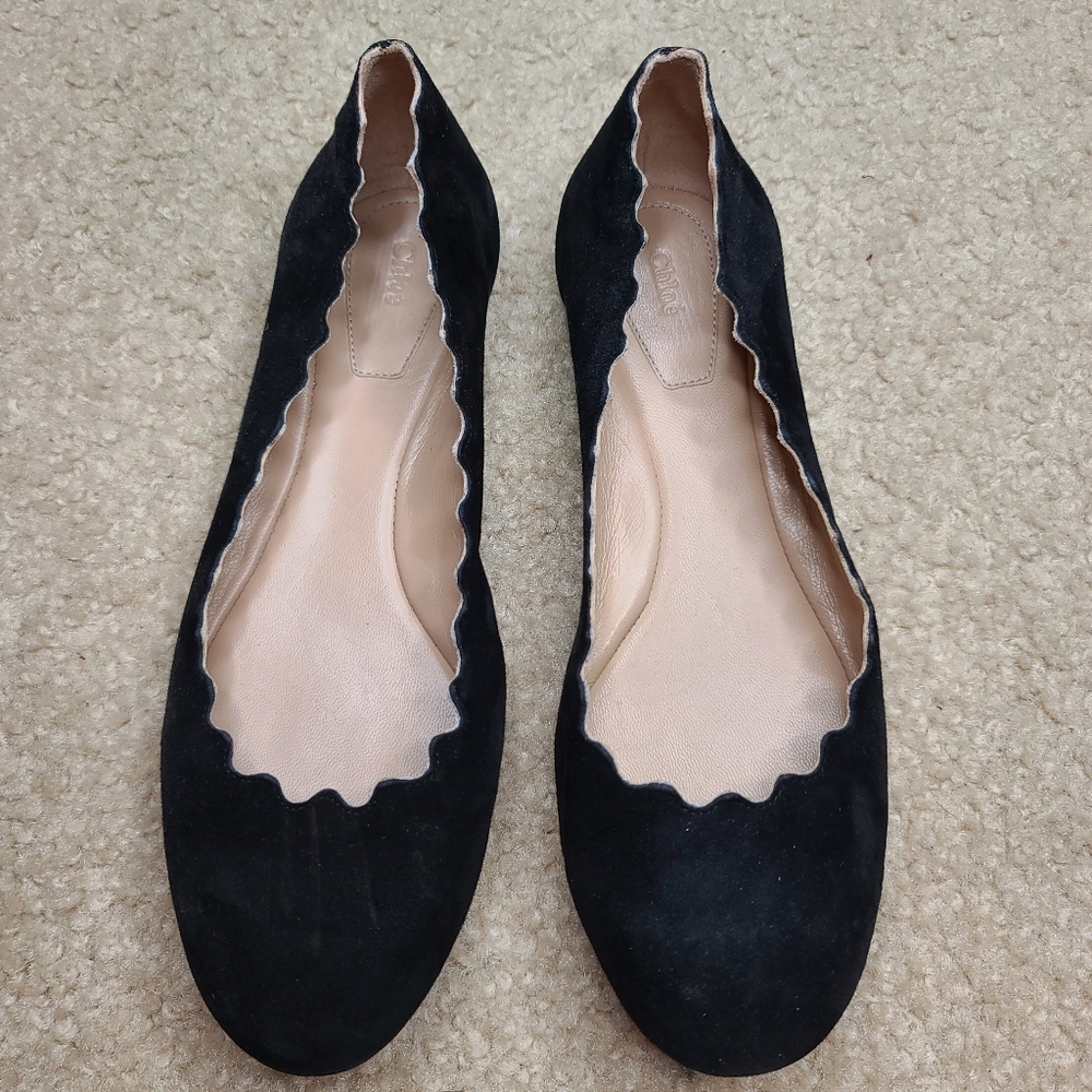 Chloé Lauren Scalloped Black Suede Ballet Flats Size 36 - Picture 5 of 10